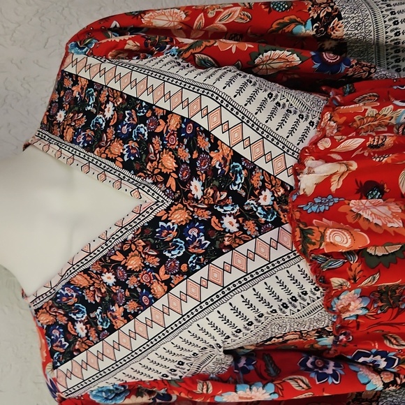 BTFBM Red Floral V-Neck Puff Sleeve Summer Dress - Picture 4 of 11